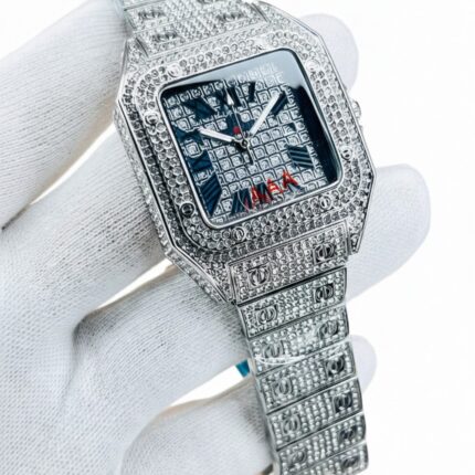 BESTWIN Full Stone Chain Silver Toned Iced-out Square Dial Watch