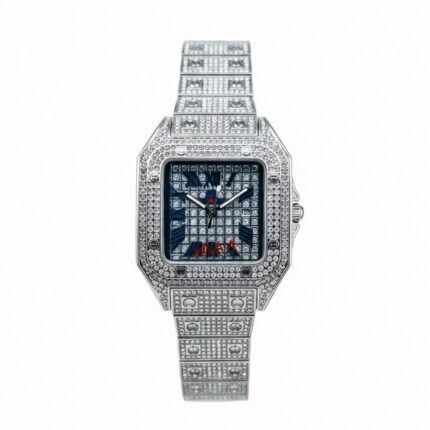 BESTWIN Full Stone Chain Silver Toned Iced-out Square Dial Watch